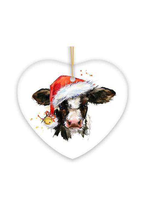 Watercolor Santa Hat Cow Heart Christmas Ornament