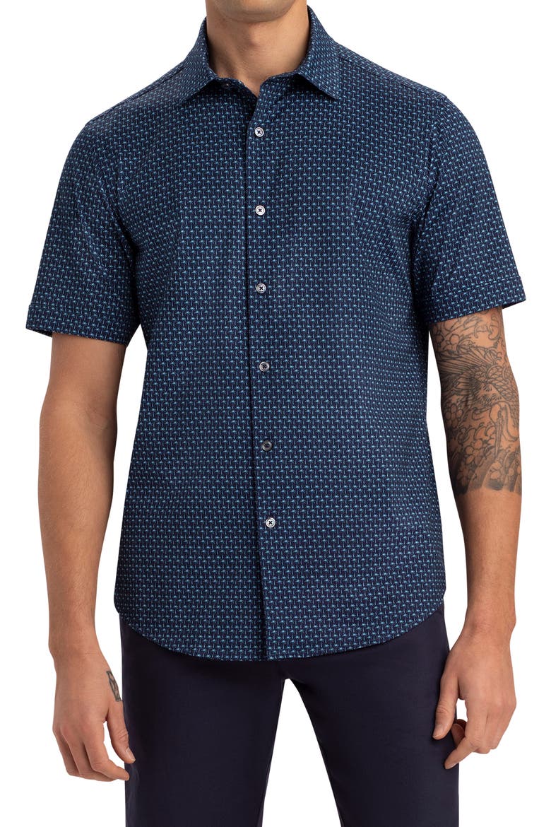 OoohCotton® Print Short Sleeve Button-Up Shirt, Main, color, NAVY