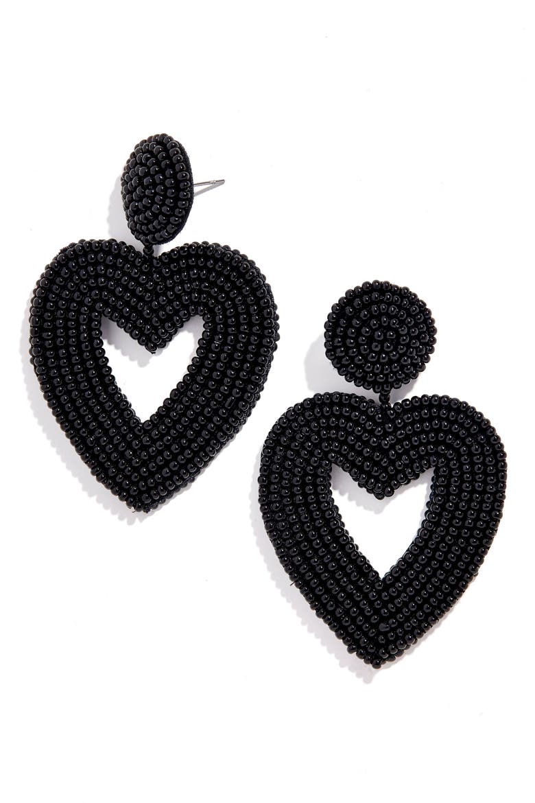 Vionnet Beaded Heart Drop Earrings, Main, color, BLACK