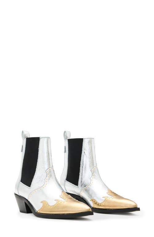 Allsaints Dellaware Pointed Leather Western Boots In Silver/gold