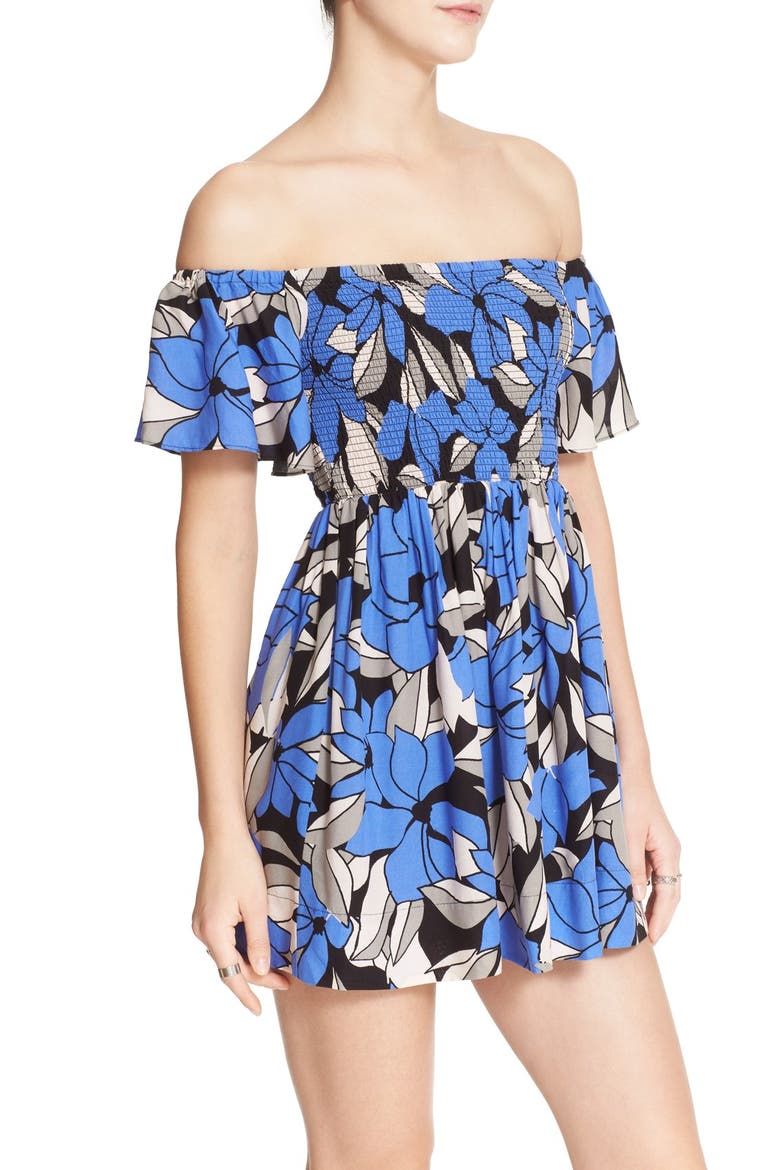 'Louise' Off the Shoulder Smocked Minidress, Alternate, color, BLUE COMBO