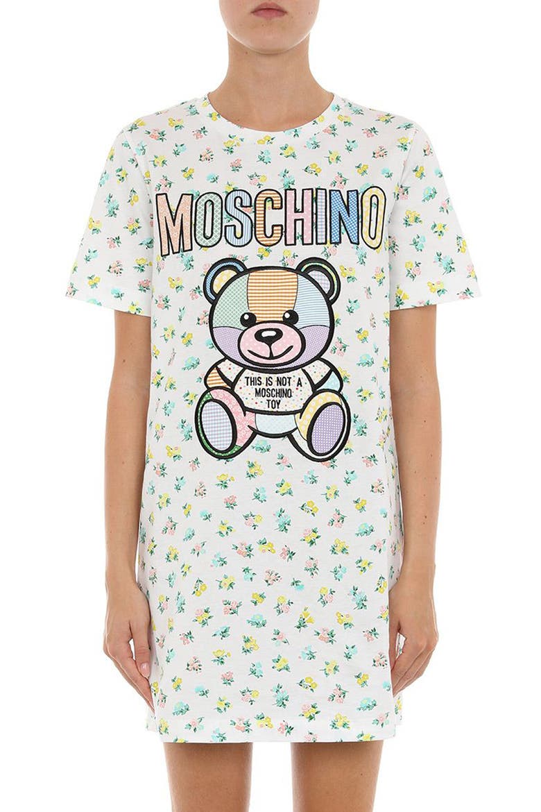 Patchwork Teddy Cotton T-Shirt Dress, Main, color, FANTASY PRINT WHITE