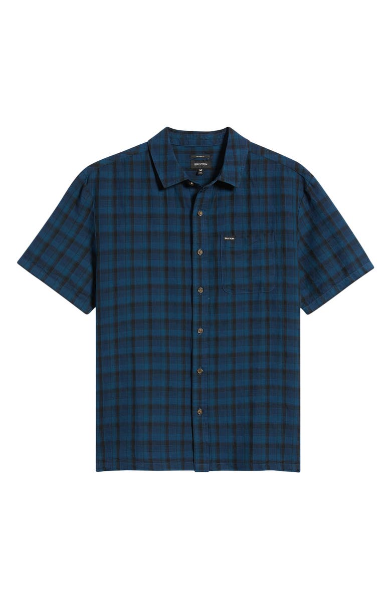 Brixton Cru Plaid Linen Blend Short Sleeve Shirt, Alternate, color, Dark Blue/ Black Plaid