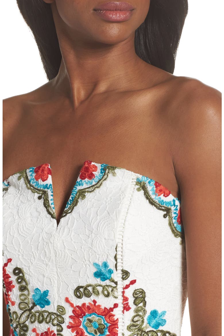 Hailey Embroidered Strapless Lace Dress, Alternate, color, WHITE MULTI