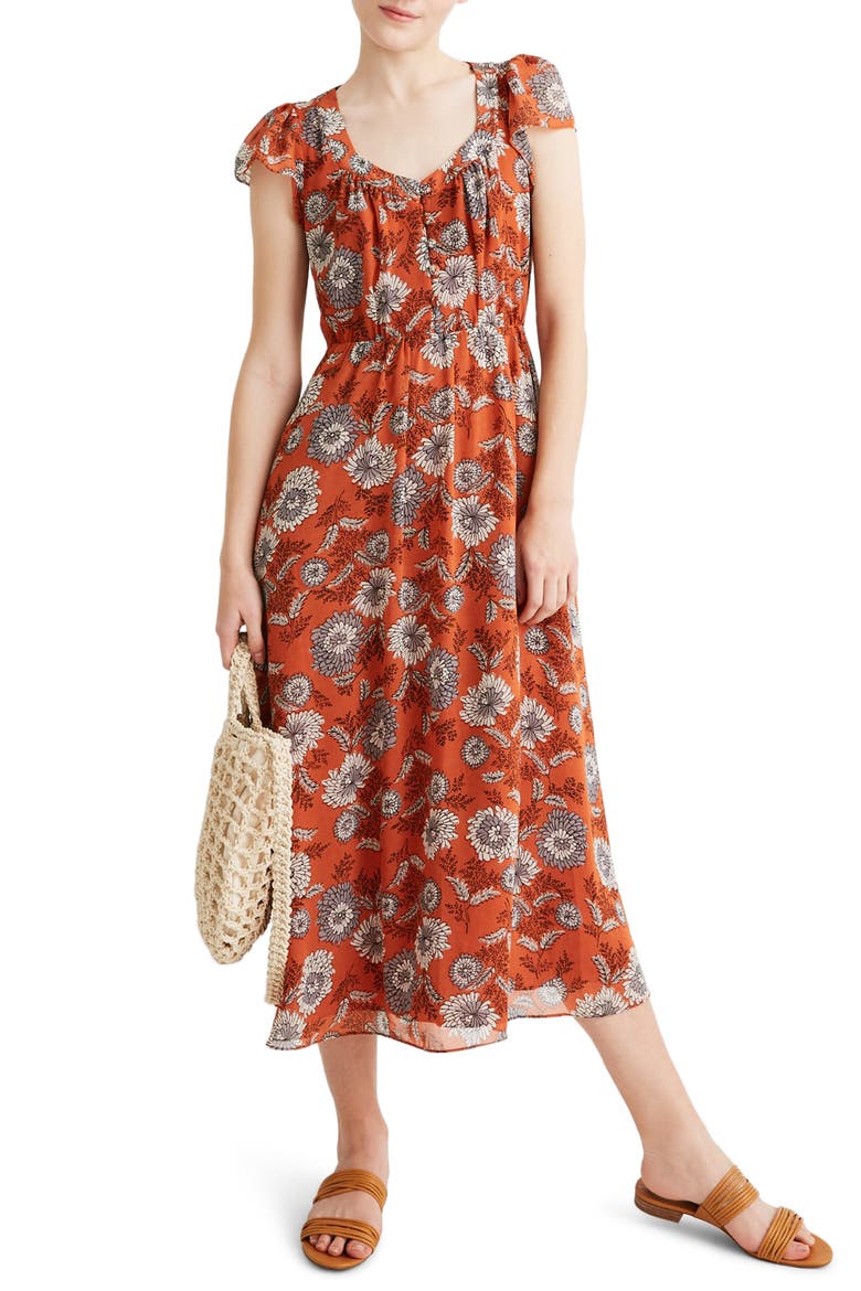 Sheer Sleeve Button Front Dress, Main, color, BLOCKPRINT FLORAL RUSTED TIN