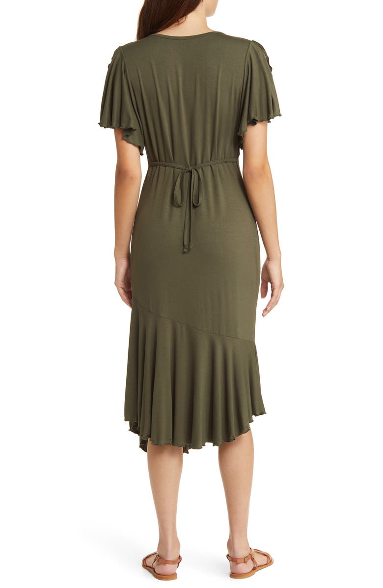 Loveappella Flouncy Tie Front Asymmetric Hem Sheath Dress, Alternate, color, Olive