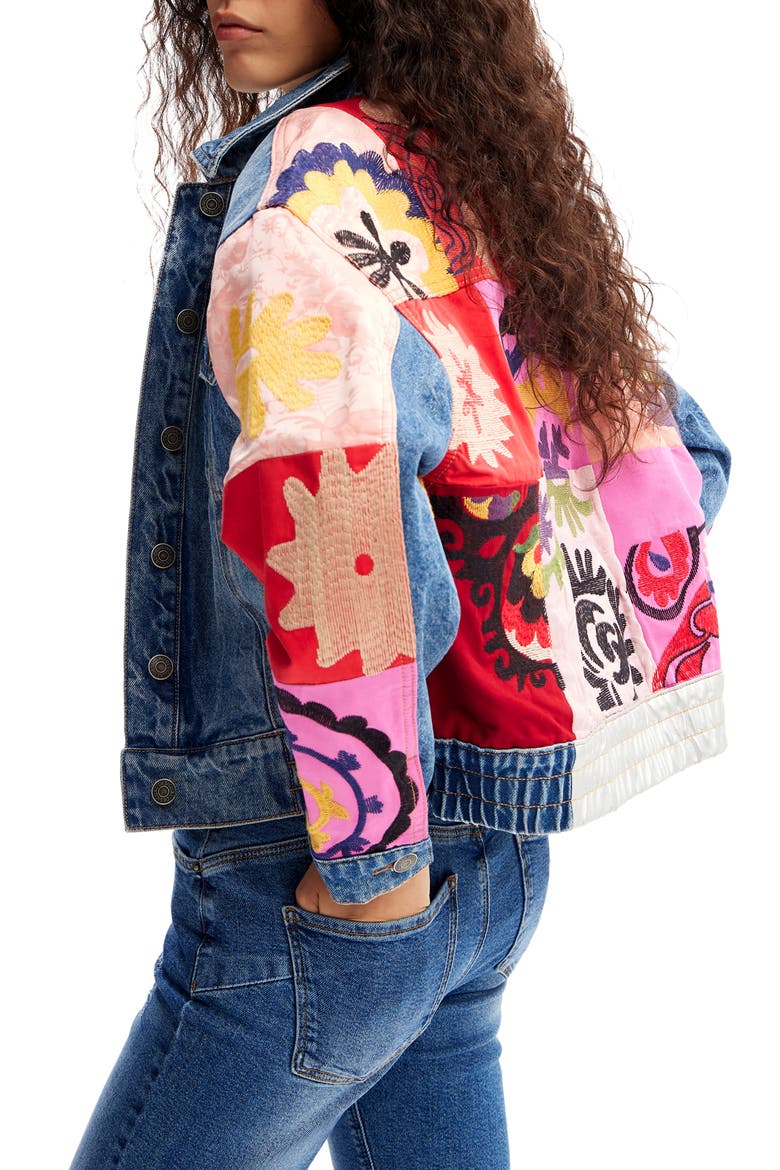 Short Patchwork Denim Jacket, Alternate, color, BLUE