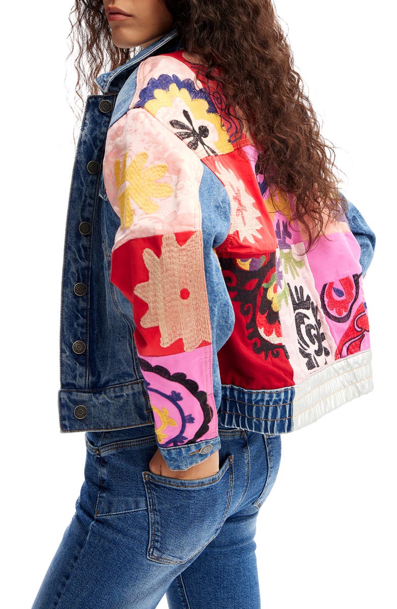 Desigual Short Patchwork Denim Jacket, Alternate, color,