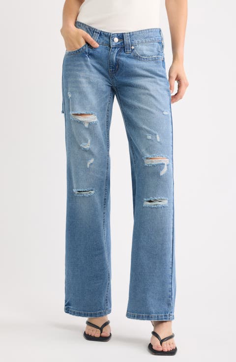 Low Rise Forward Seam Relaxed Straight Leg Ripped Jeans