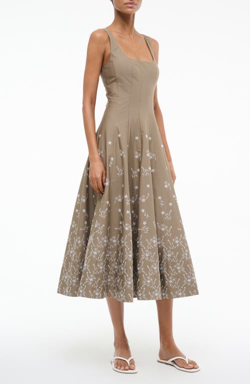 Staud Wells Embroidered Sleeveless Stretch Cotton Midi Dress In Brown