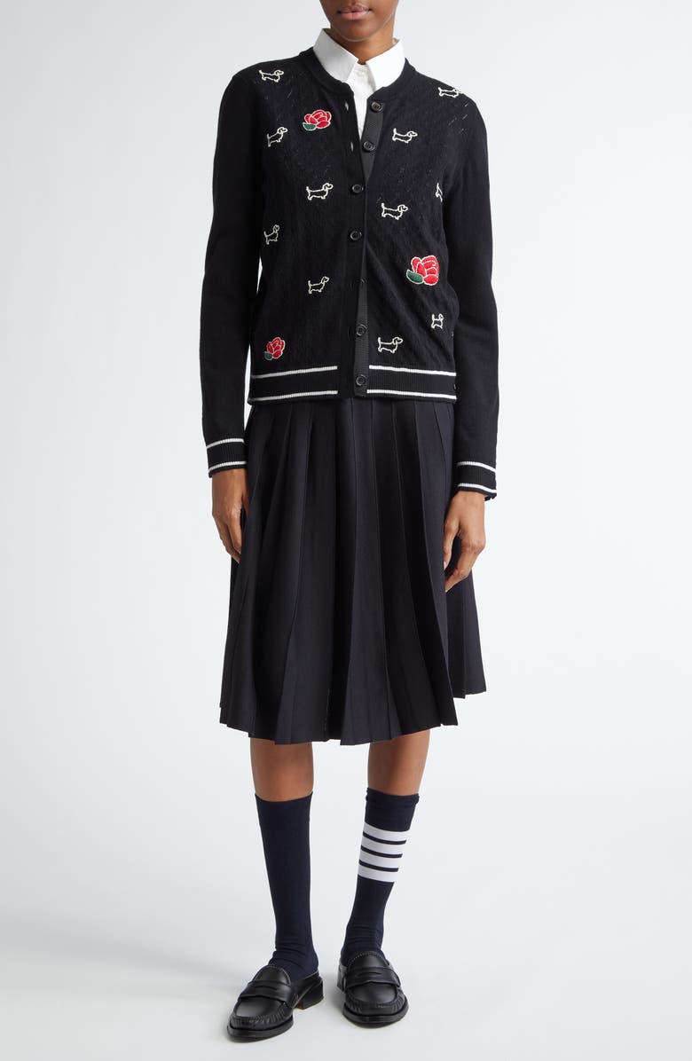 Thom Browne Embroidered Hector & Rose Virgin Wool Crewneck Cardigan, Alternate, color, 