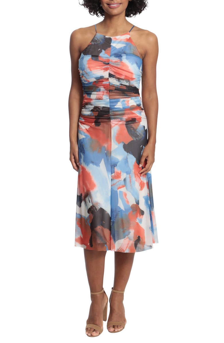 Maggy London Ruched Halter Midi Dress, Main, color, Soft White/ Lt. Slate