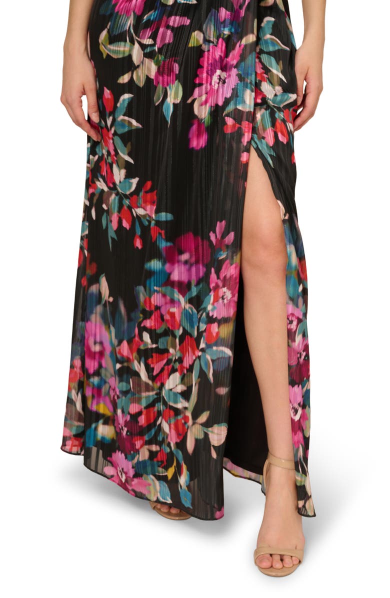Adrianna Papell Pleated Floral Print One-Shoulder Chiffon Gown, Alternate, color, Black Multi