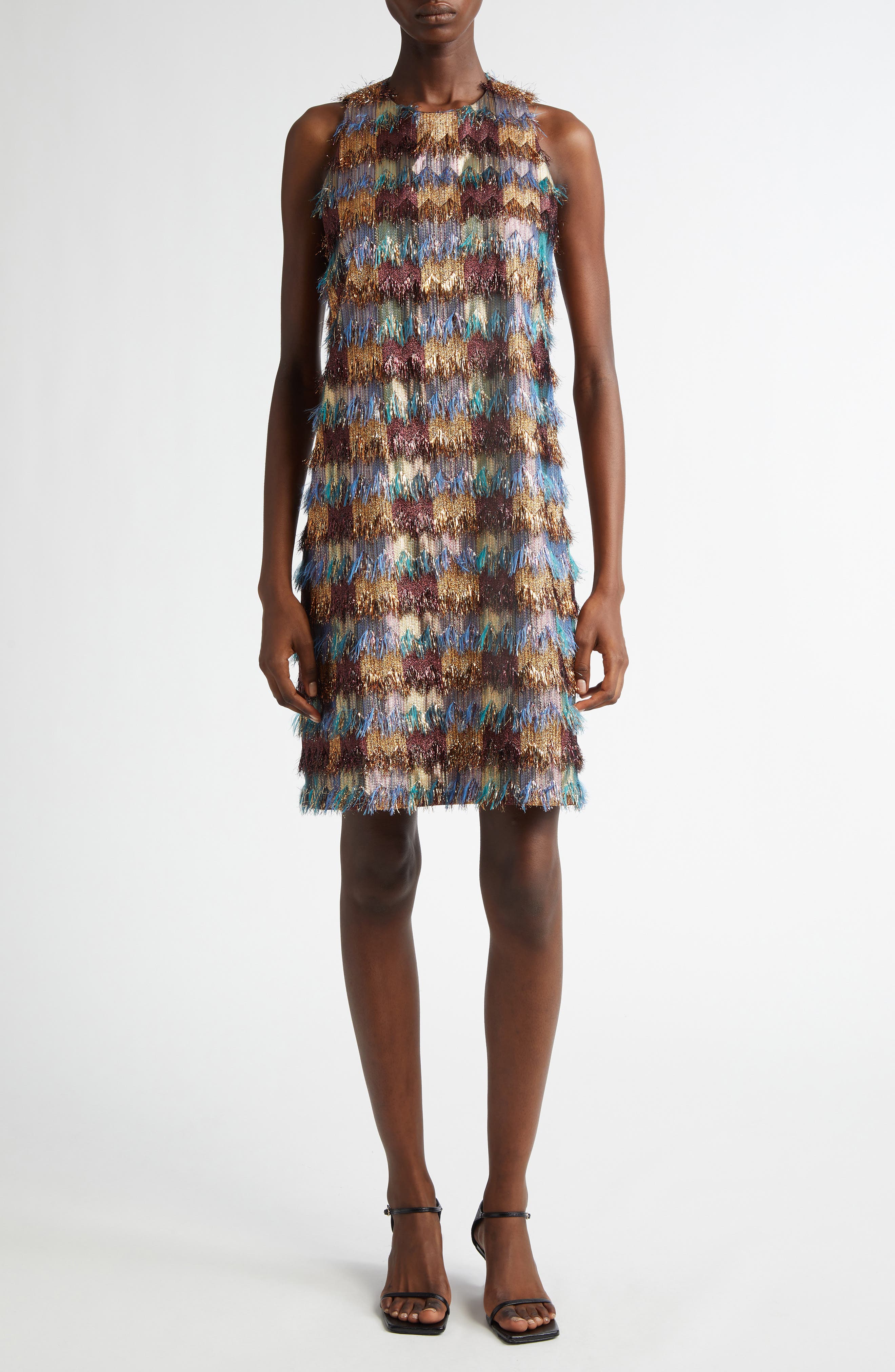 Lela Rose Stripe Metallic Fil Coupé Sleeveless Shift Dress in Purple/Blue Multi 