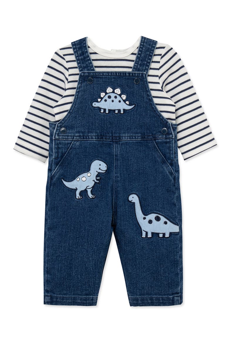 Dino Stripe Long Sleeve T-Shirt & Overalls Set, Alternate, color, DENIM