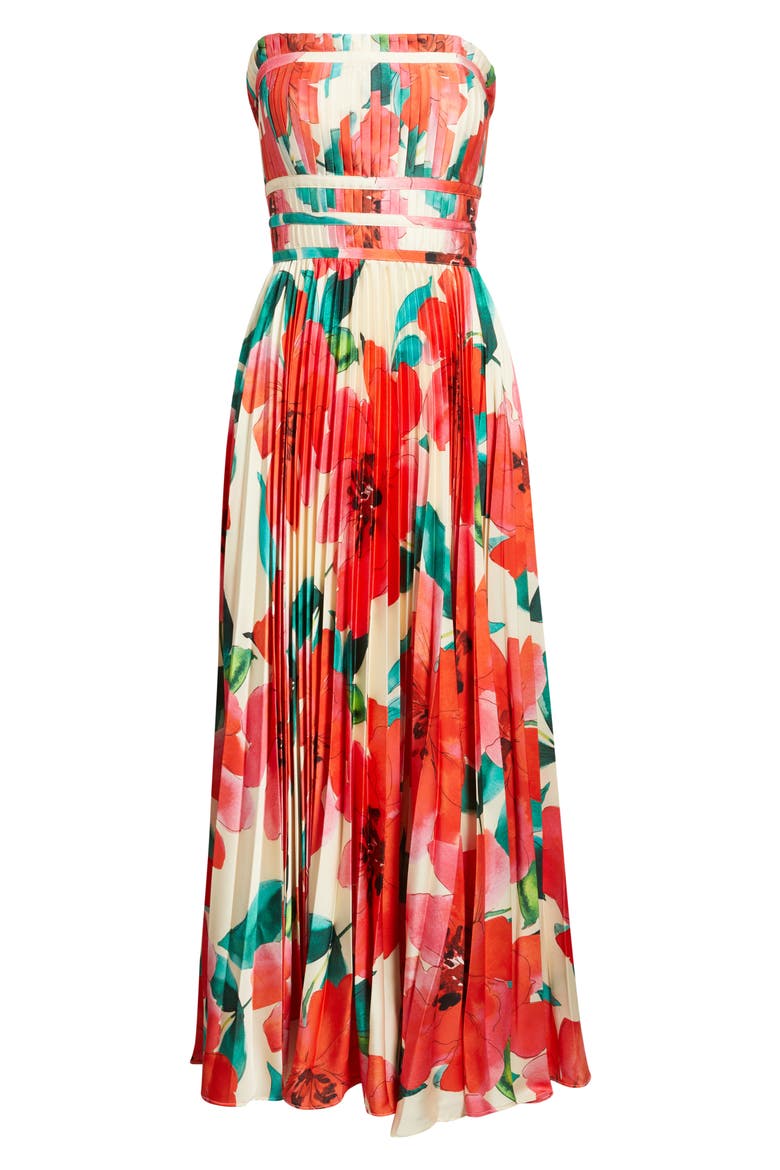 Sabina Floral Tiered Plissé Gown, Alternate, color, IVORY/ CORAL WATERCOLOR