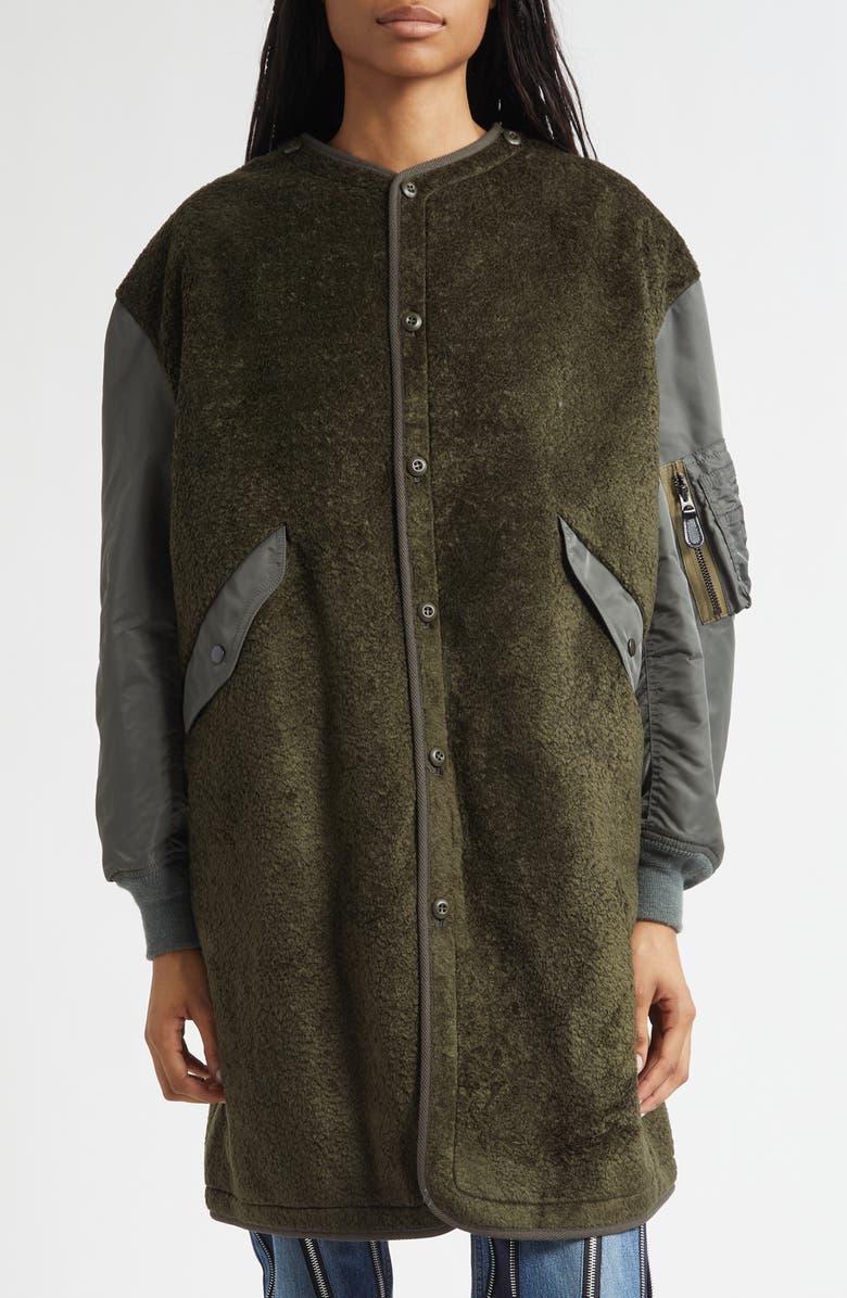 Junya Watanabe High Pile Fleece & Nylon Bomber Coat, Main, color, Khaki X Sage Green