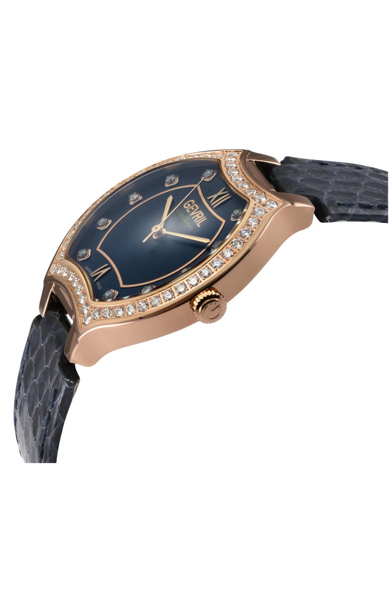 GEVRIL Lugano Diamond Croc Embossed Leather Strap Watch, 35mm, Alternate, color, Blue