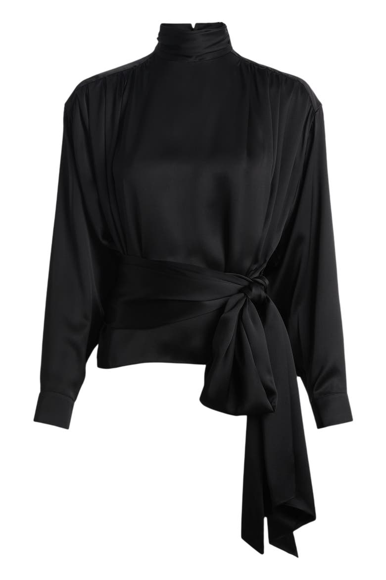 Silk satin blouse with tie detail, Alternate, color, black