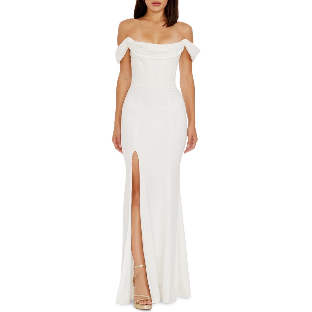 Dress the Population Melania Off the Shoulder Gown in White