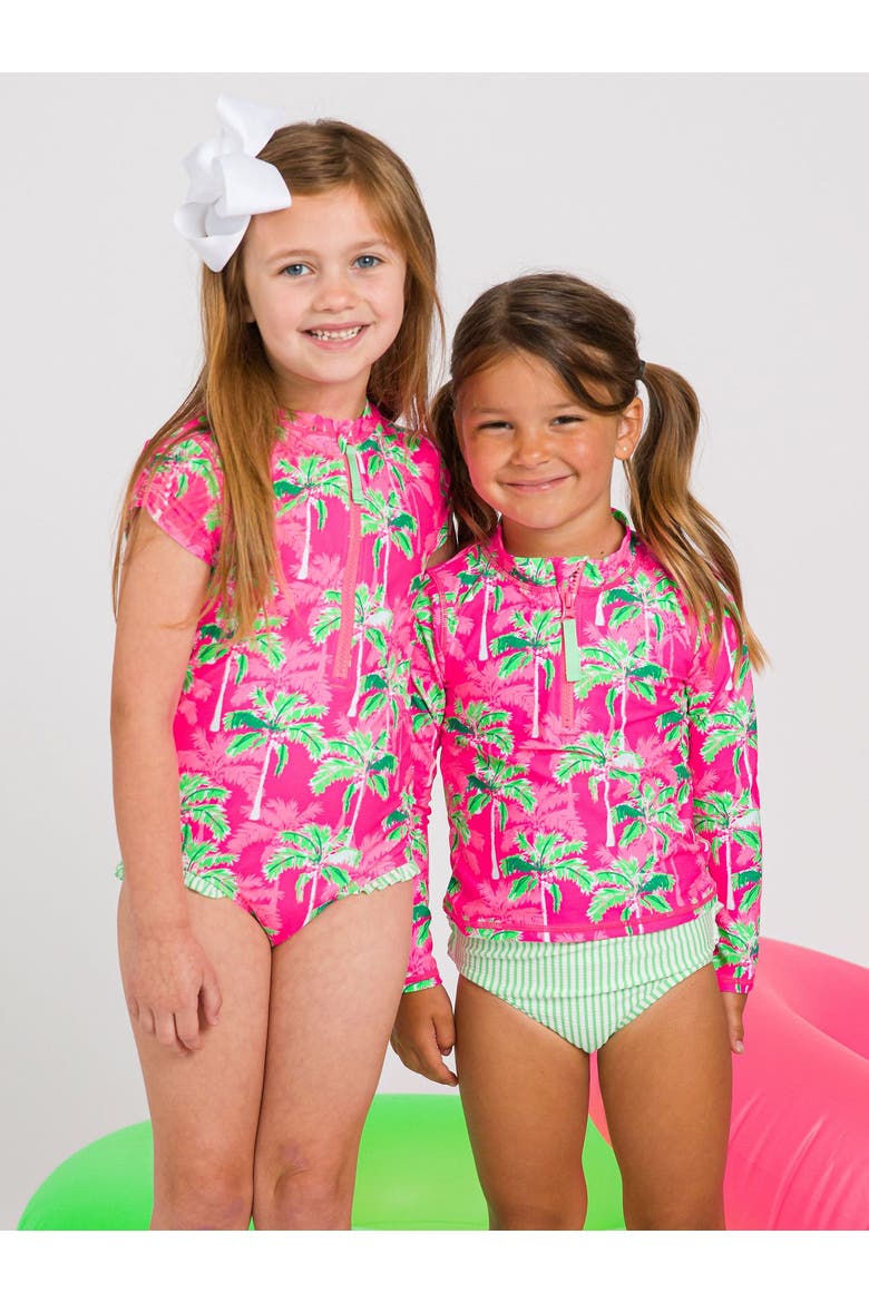 Girls Short Sleeve UPF50+ One Piece Rash Guard, Alternate, color, Neon Palm Paradise