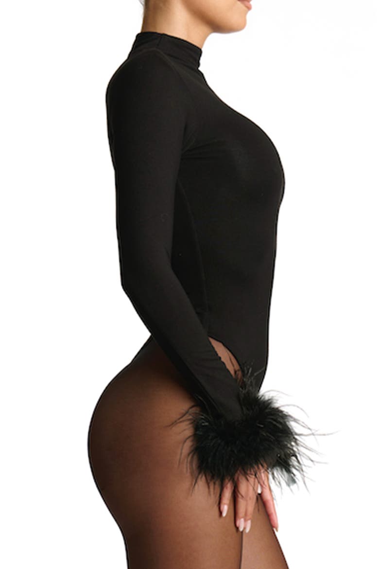 Buttter Fine Feathers Long Sleeve Bodysuit, Alternate, color, BLACK