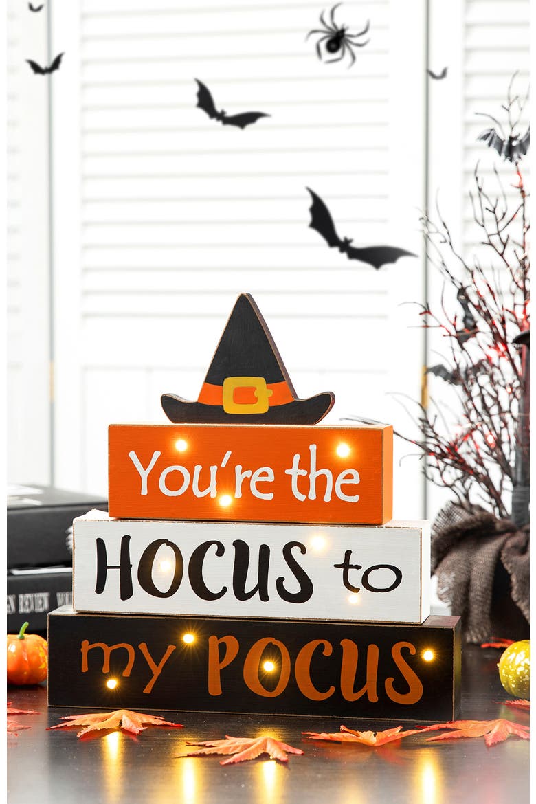 11.5"H  Halloween Wooden Lighted Witch/Word Block Table Decor w/Timer, Alternate, color, Brown