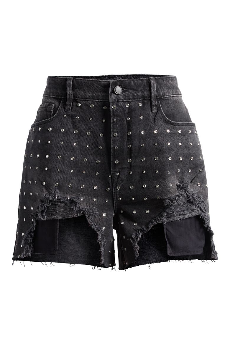 Bombshell Crystal Embellished Destroyed Cutoff Denim Shorts, Alternate, color, BLACK351