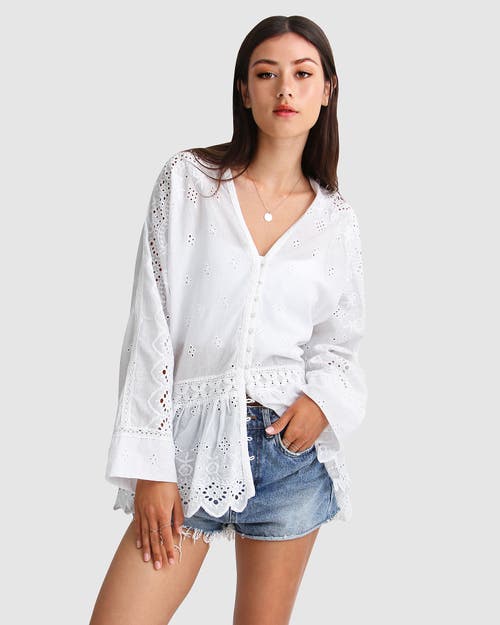 Belle & Bloom Unbutton Me Eyelet Button Down Shirt In White