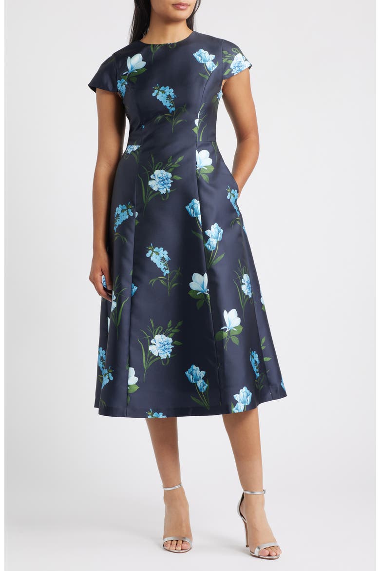 Jackie Print Flare Midi Dress, Main, color, NIGHT SKY BLUE OCULATA