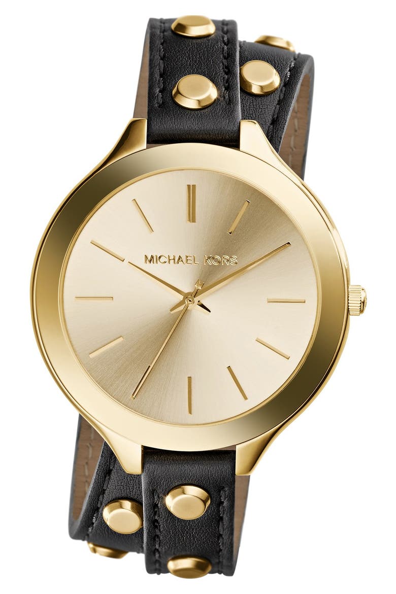 'Slim Runway' Double Wrap Leather Strap Watch, 42mm, Main, color, BLACK/ GOLD
