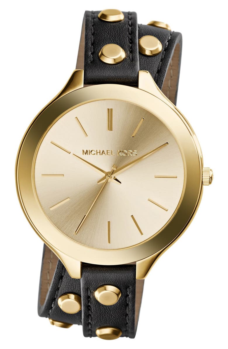 Michael Kors 42mm watch on Leather Strap Michael Kors Double Wrap Black Leather Strap Slim Runway  main image 4