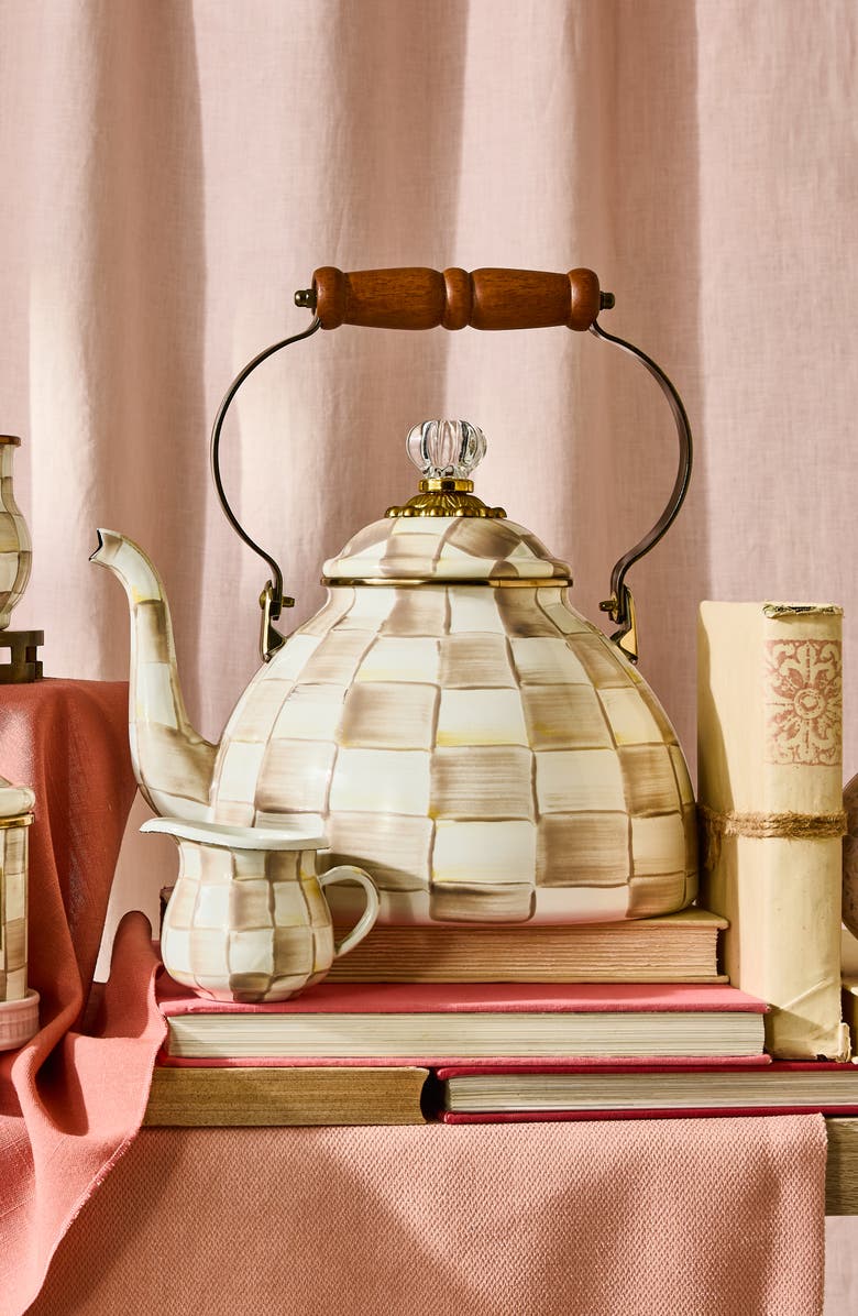 MACKENZIE CHILDS Mocha Check Enameled Steel 3-Quart Tea Kettle, Alternate, color, Mocha
