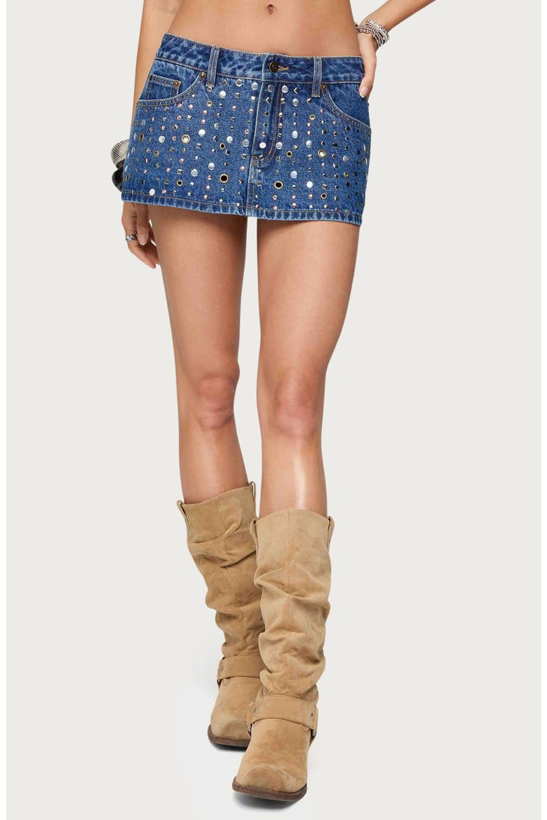 Studded Grommet Low Rise Denim Miniskort, Main, color, BLUE-WASHED