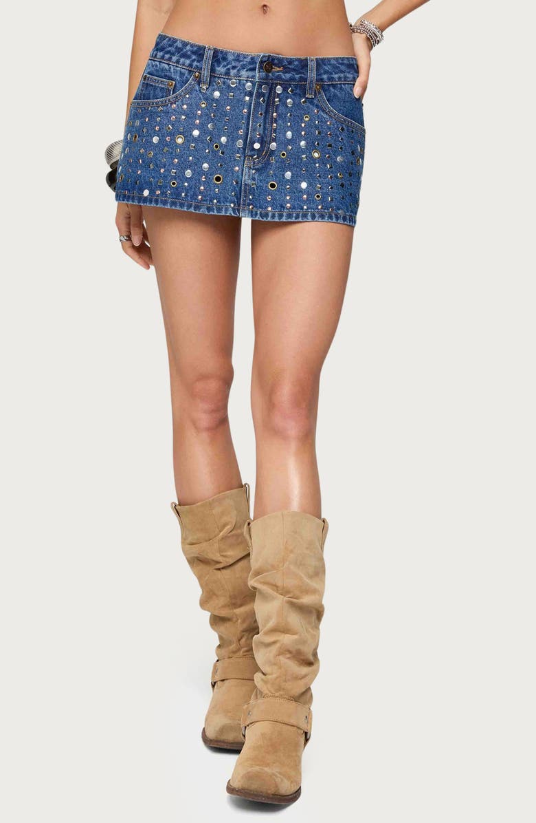EDIKTED Studded Grommet Low Rise Denim Miniskort, Main, color, Blue-Washed