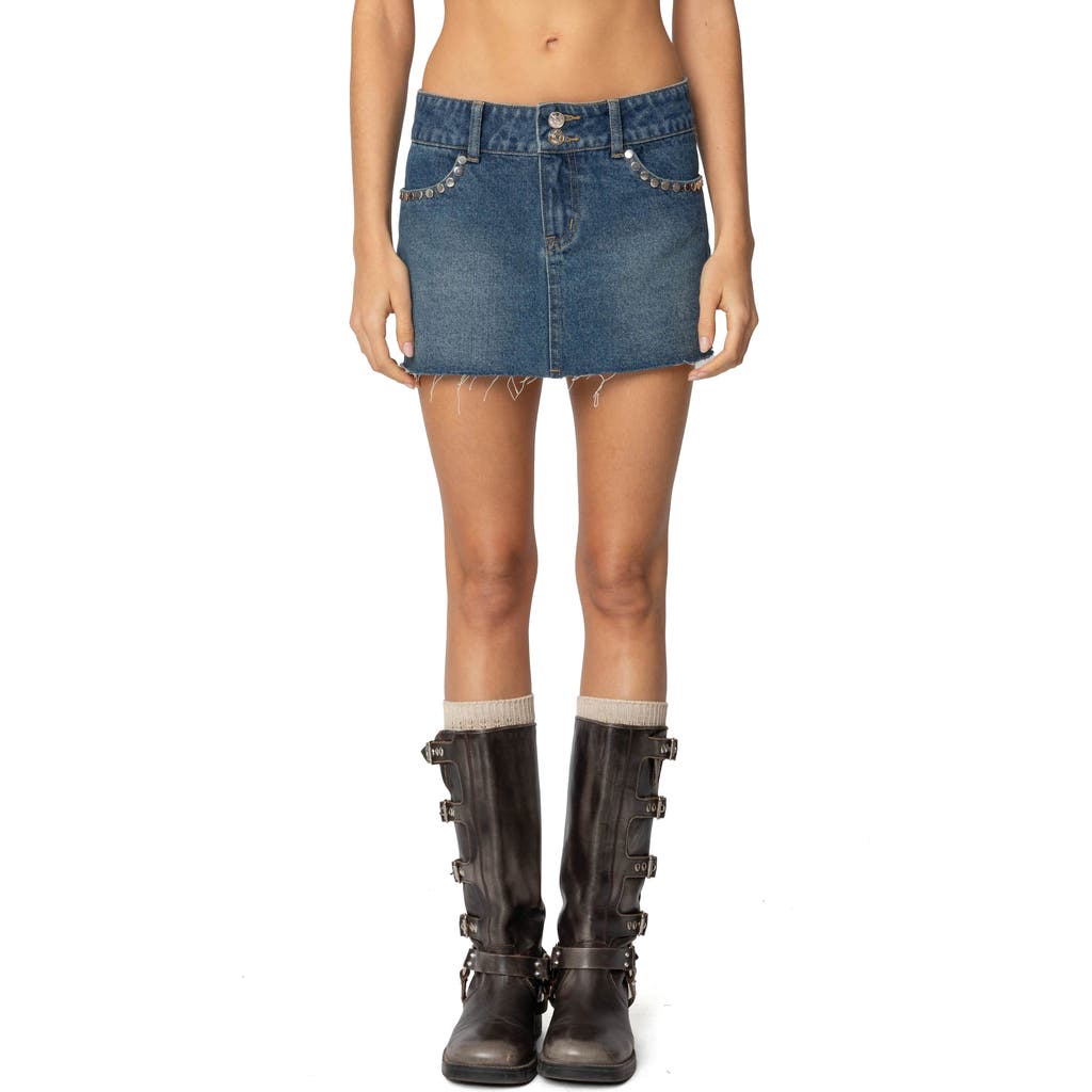 Edikted Tess Studded Denim Miniskirt In Dark-blue