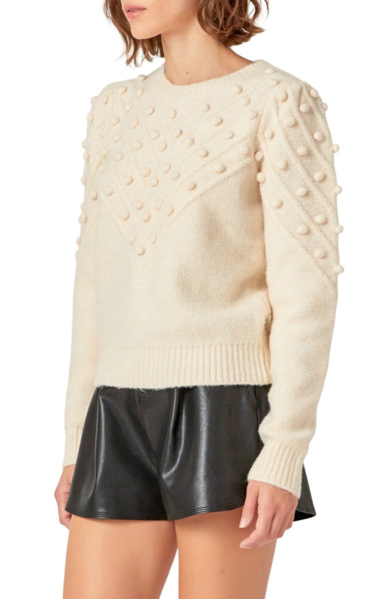 English Factory Pompom Accent Crewneck Sweater, Alternate, color, Ivory