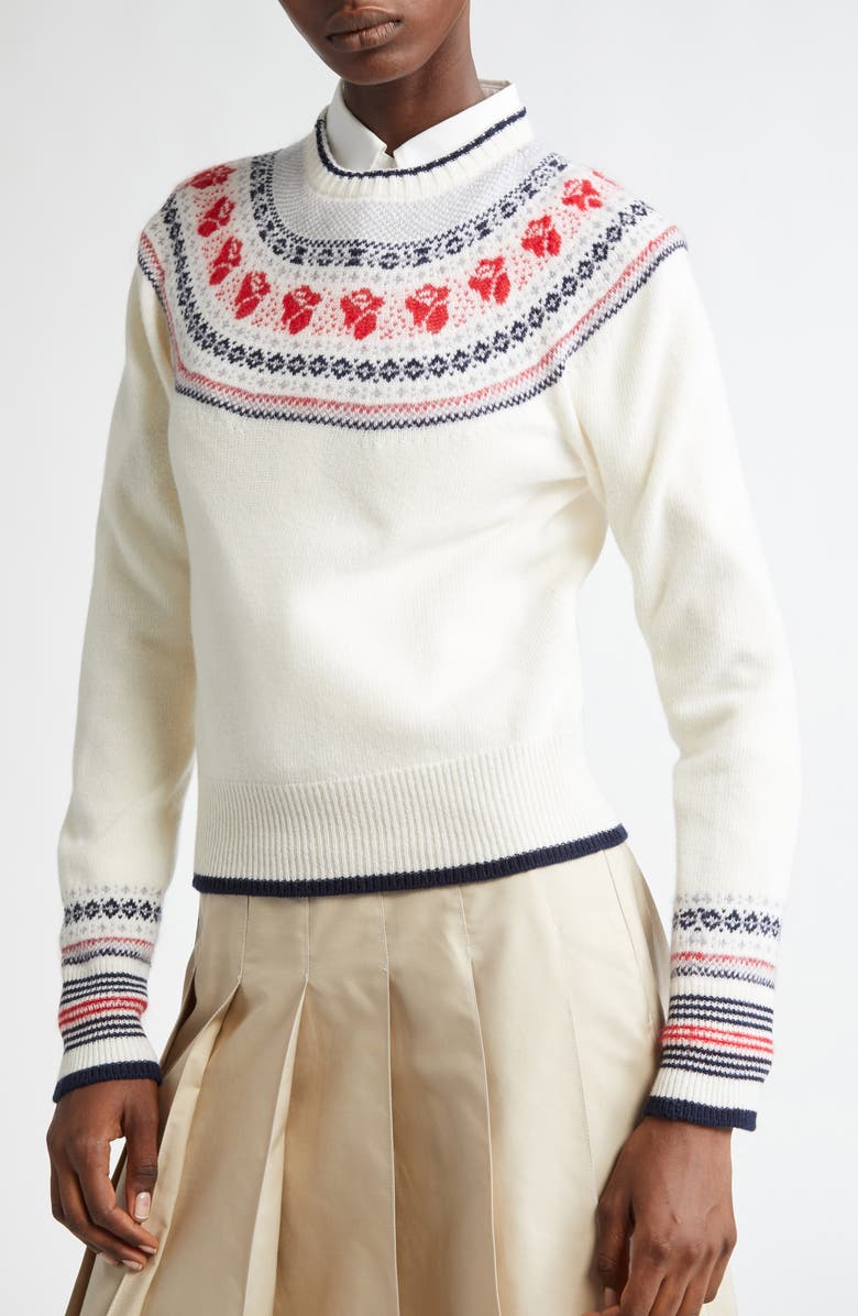 Thom Browne Rose Fair Isle Wool & Mohair Blend Crewneck Sweater, Alternate, color, White