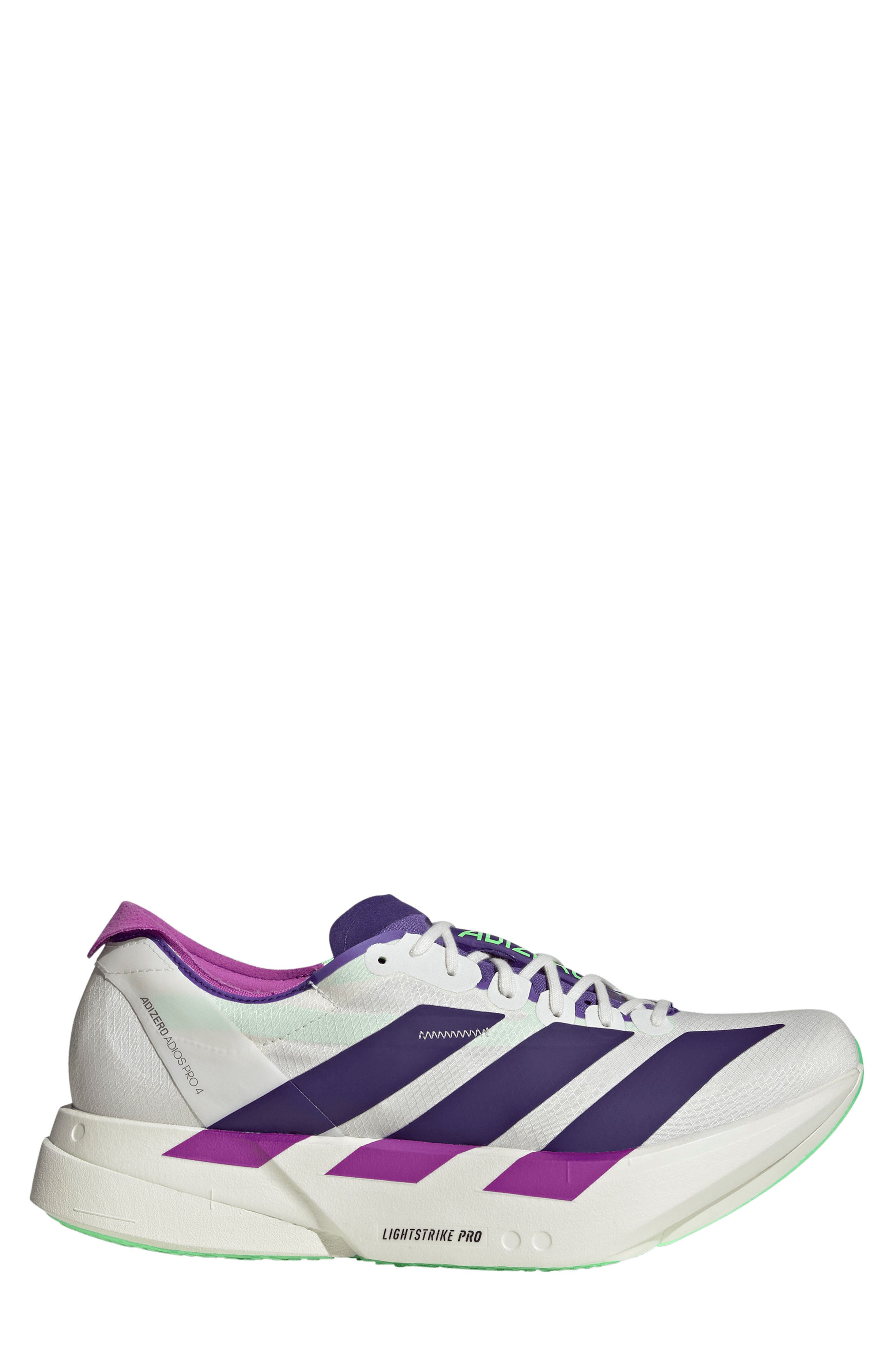 adidas Adizero Adios Pro 4 Racing Shoe, Alternate, color, White/ Purple/Lime Burst