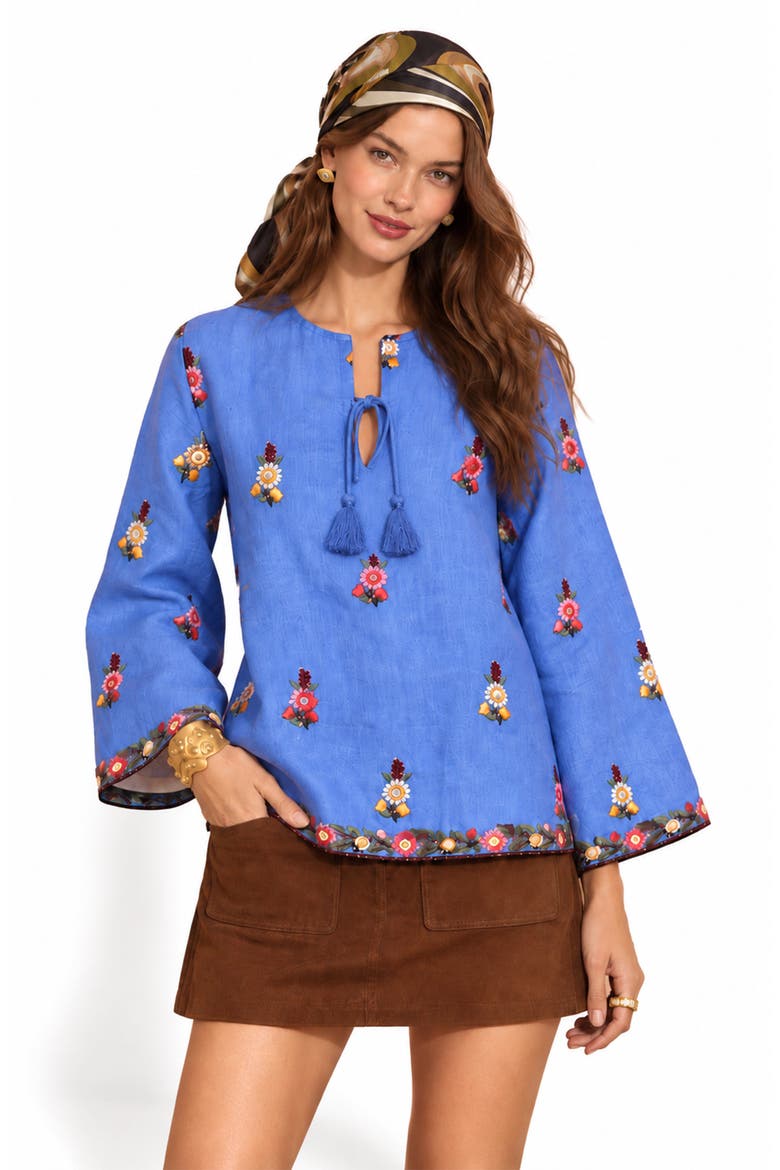 Linen Hand Embroidered Top, Main, color, Blue