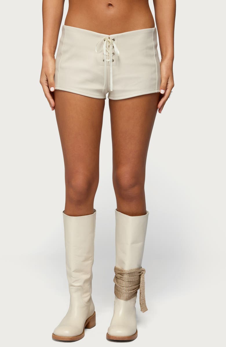 EDIKTED Wilde Lace-Up Faux Leather Shorts, Main, color, 