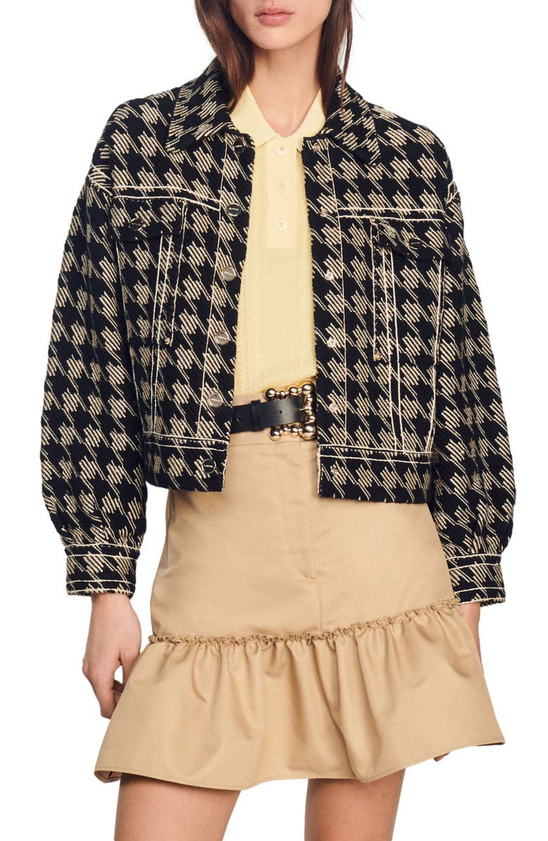 SANDRO Balthazar Houndstooth Cotton Blend Jacket, Main, color,
