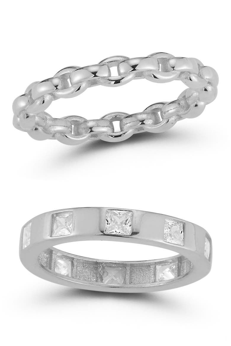 Set of 2 Rhodium Plated Sterling Silver Cubic Zirconia Rings, Main, color, SILVER