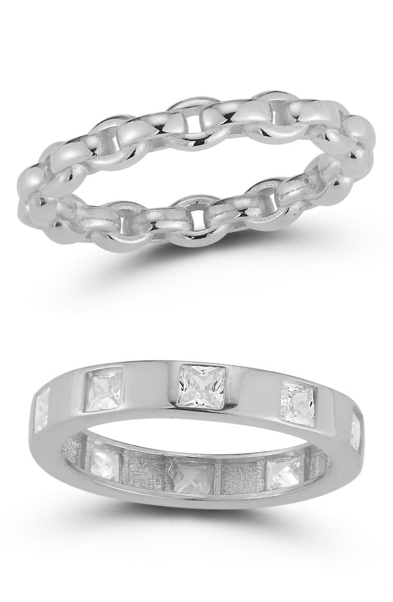 CHLOE AND MADISON Set of 2 Rhodium Plated Sterling Silver Cubic Zirconia Rings, Main, color, 