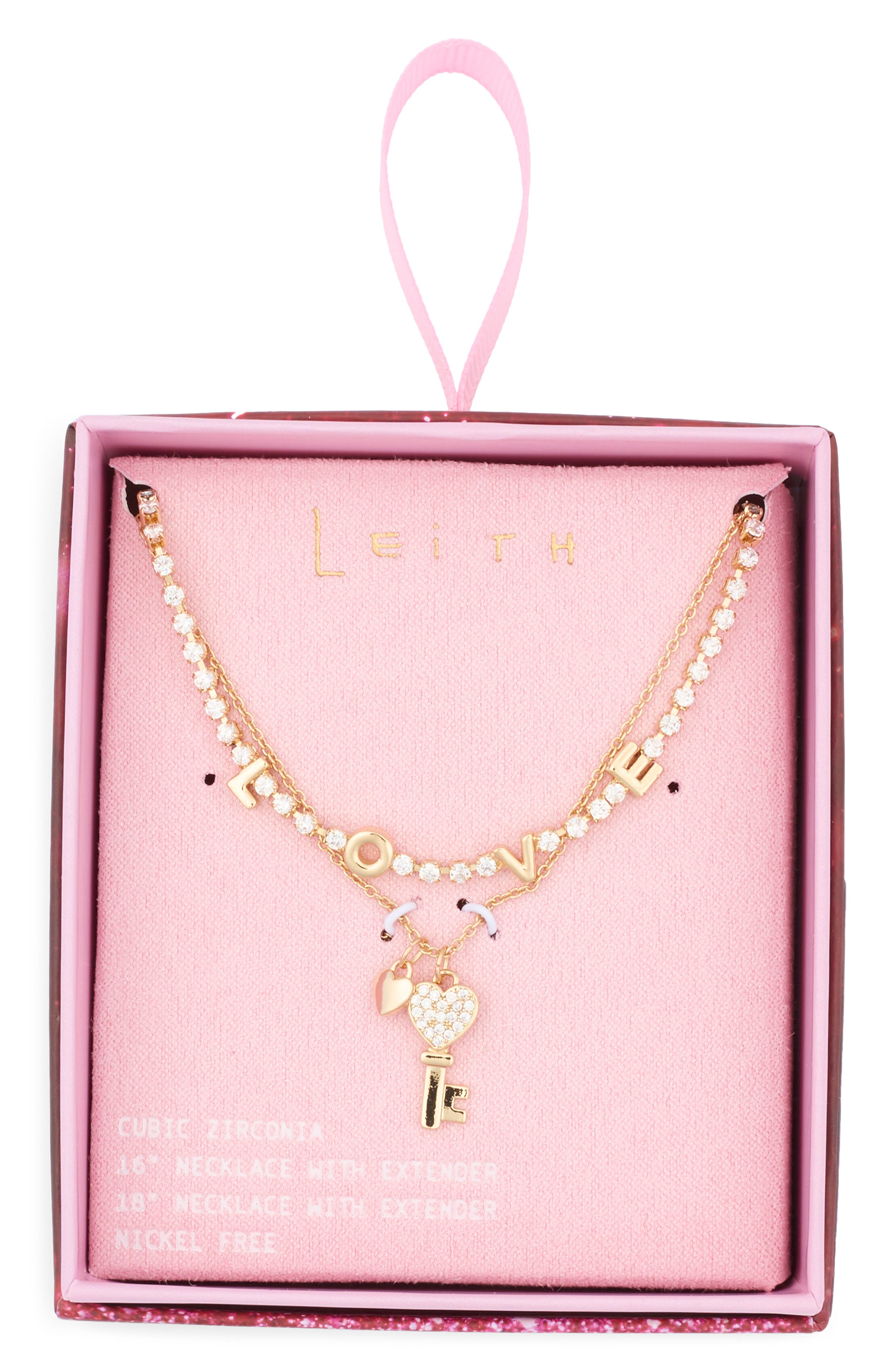 Leith Set of 2 'Love' & Key Cubic Zirconia Pendant Necklace