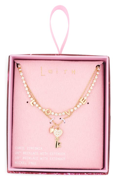 Set of 2 'Love' & Key Cubic Zirconia Pendant Necklace