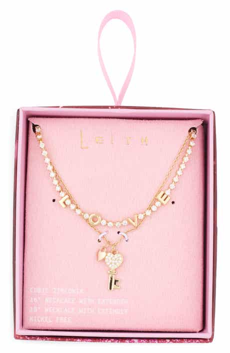 Leith Set of 2 'Love' & Key Cubic Zirconia Pendant Necklace