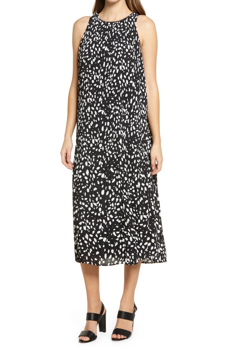 Sleeveless Pleated Dress, Main, color, BLACK- IVORY DOT MARKS