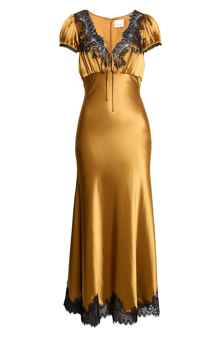 Sienne Lace Trim Satin Midi Dress, Alternate, color, HONEY BRONZE/ BLACK