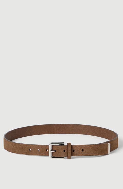Reversed leather belt with square buckle and tip